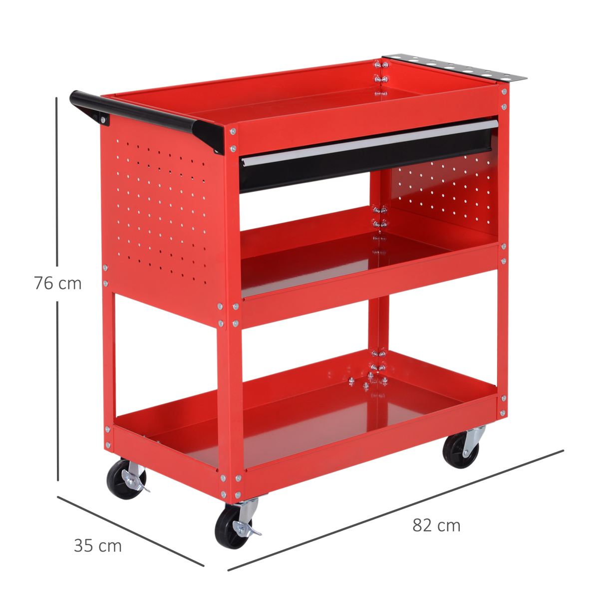 3-Tier Rolling Tool Trolley Cart with Drawer & Lockable Castors – Workshop Storage, Red