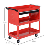 3-Tier Rolling Tool Trolley Cart with Drawer & Lockable Castors – Workshop Storage, Red