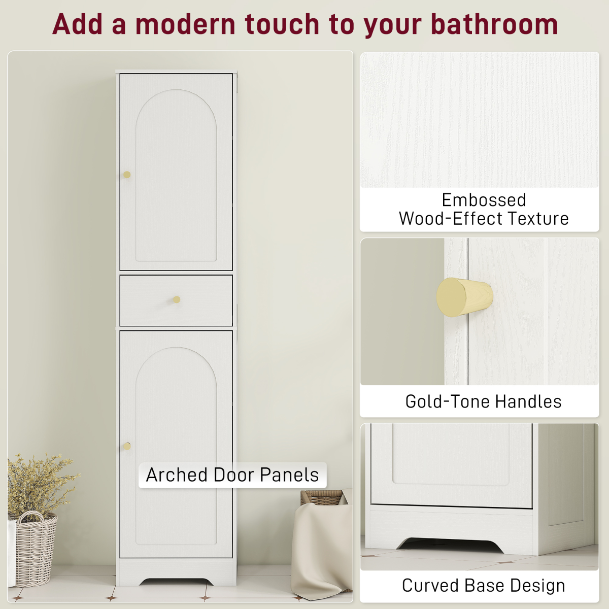 Tall Bathroom Cabinet with Arched Doors, Drawer & Adjustable Shelf – Slim Freestanding Storage Unit, White
