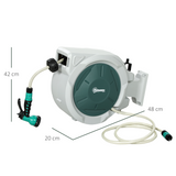 Outsunny 20m Retractable Garden Hose Reel with Lock, Wall Mounted – 7 Watering Patterns, Light Grey