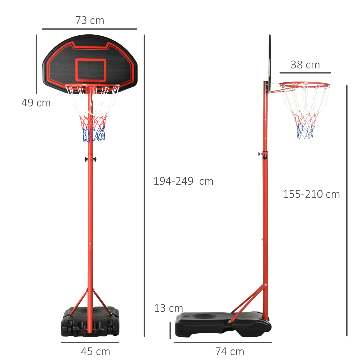 HOMCOM Adjustable Basketball Hoop with Backboard & Wheels, 200–250cm – Indoor/Outdoor Kids Stand
