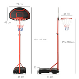 HOMCOM Adjustable Basketball Hoop with Backboard & Wheels, 200–250cm – Indoor/Outdoor Kids Stand