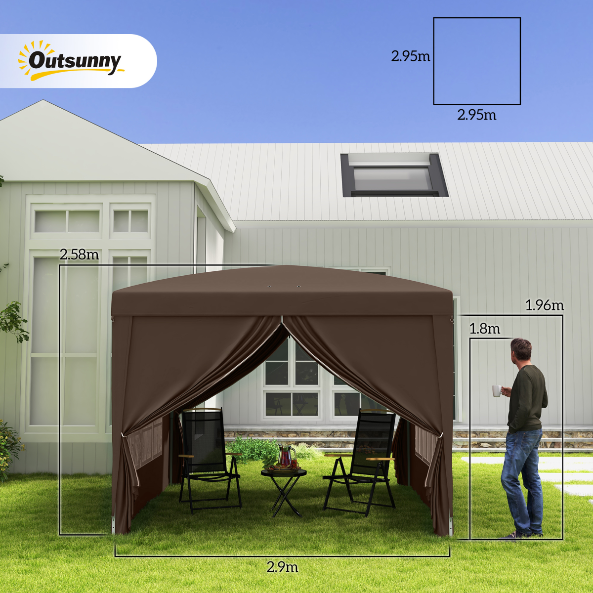 Outsunny 3m x 3m Pop Up Gazebo with Rust-Resistant UV Canopy, Sidewalls & Carry Bag – Party Tent, Coffee