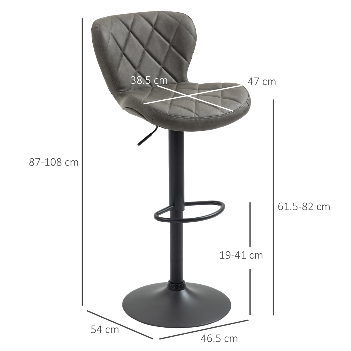 HOMCOM Adjustable Swivel Bar Stools, Set of 2 – Faux Leather Kitchen Island Stools with Footrest, Dark Grey