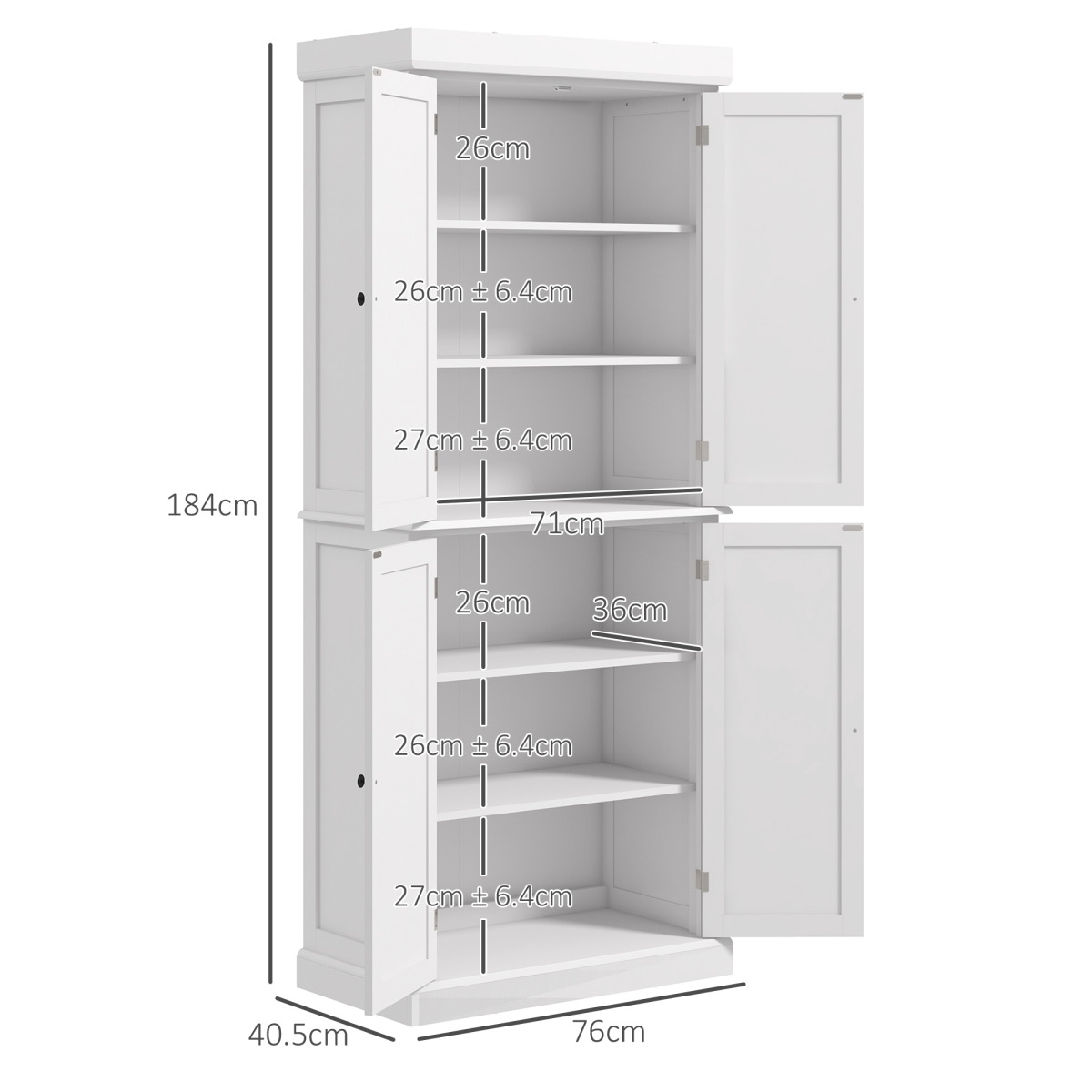 HOMCOM Freestanding Kitchen Cupboard with Six Inner Shelves, Four Adjustable – Larder Storage Cabinet, White