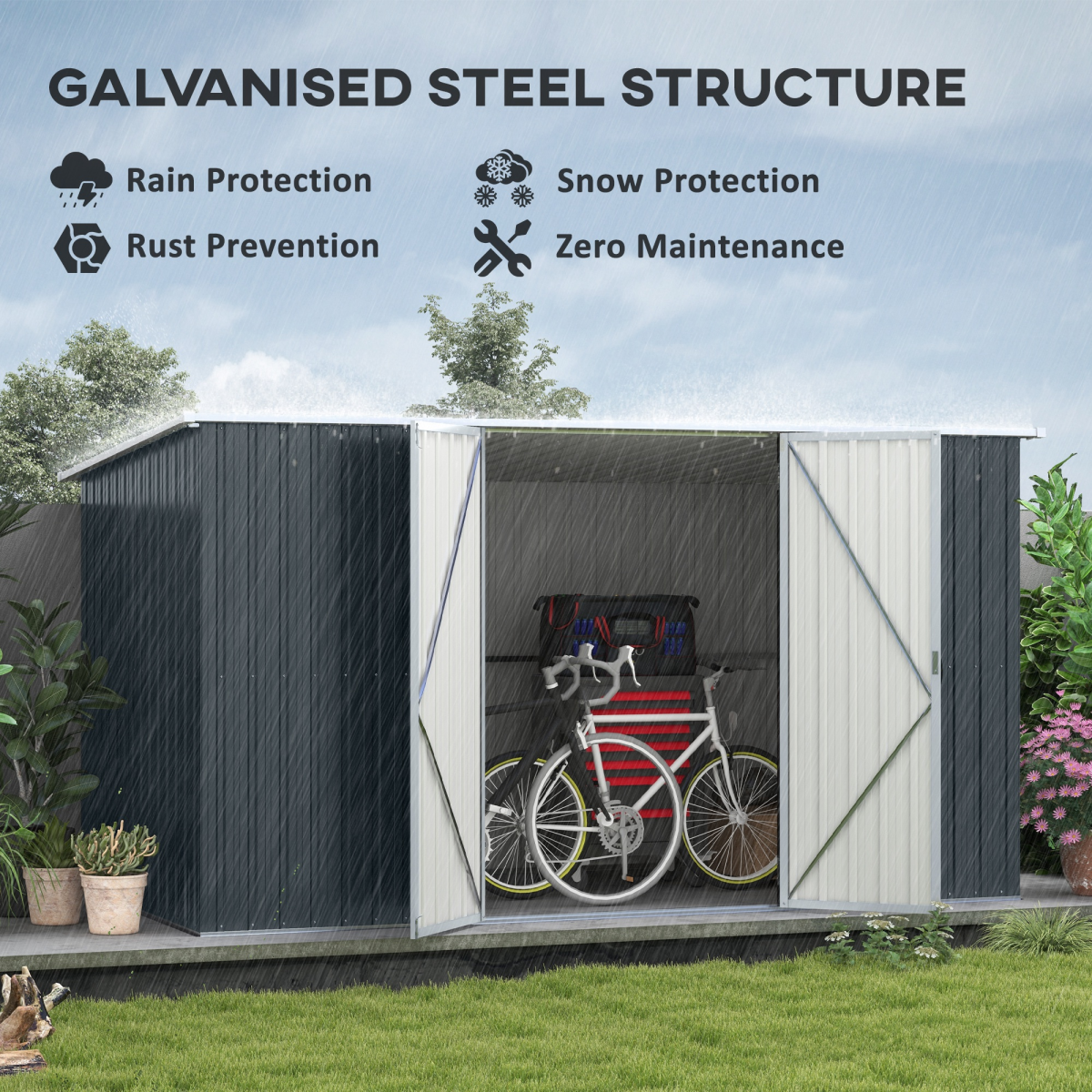 Outsunny 11 x 5.6ft Galvanised Metal Garden Shed with Lockable Door & Sloped Roof – Tool Storage, Cold Grey