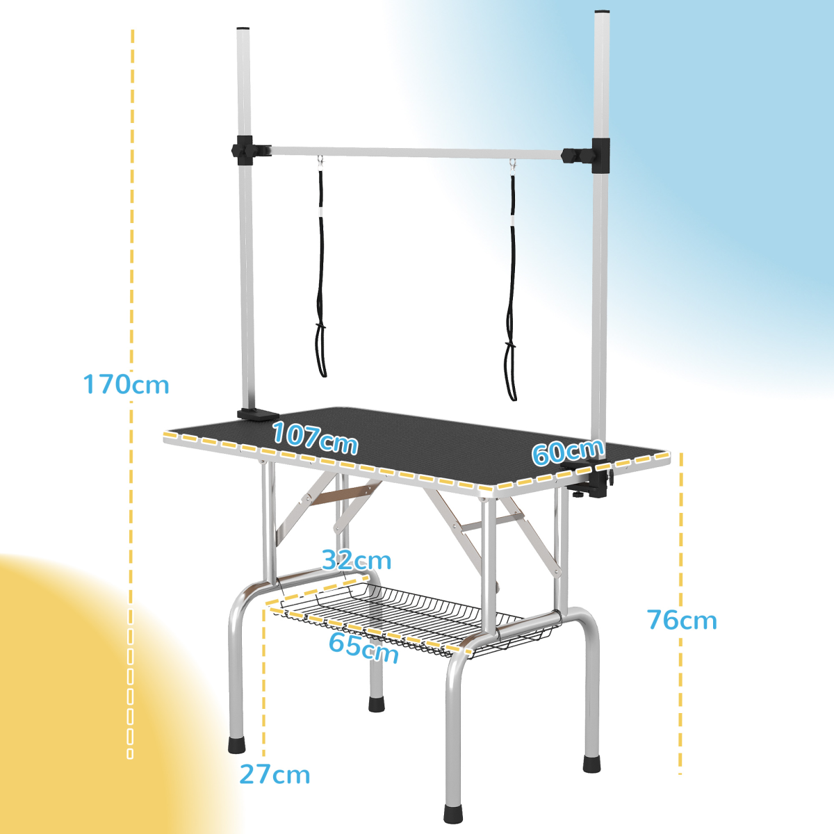 Pawhut Adjustable Dog Grooming Table with Two Safety Slings and Mesh Basket – Foldable Metal Frame, Black