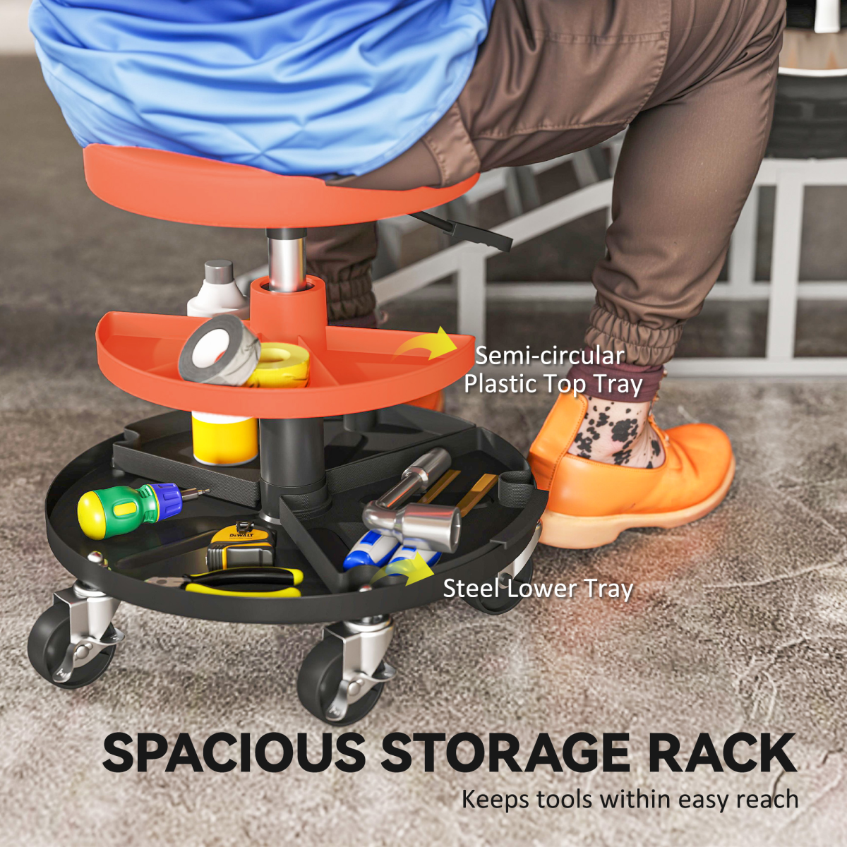 Mechanic Stool with Tool Trays and 5 Lockable Casters – Height-Adjustable 40–51 cm Workshop Seat, Yellow