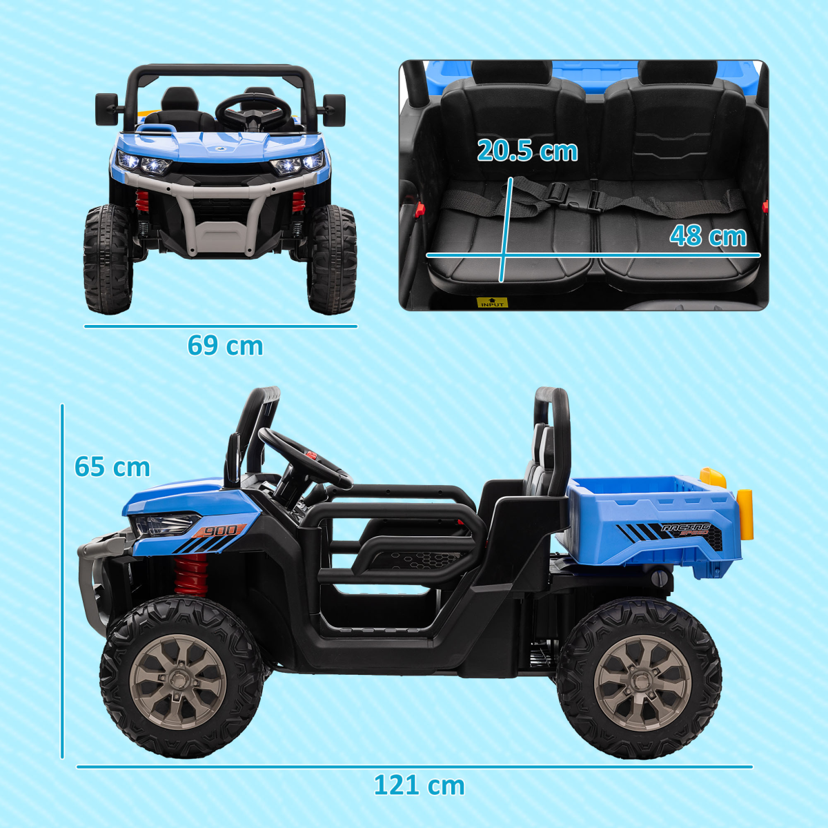 HOMCOM 12V Two-Seater Kids Electric Ride-On Truck with Electric Bucket, Remote Control & LED Lights – Blue