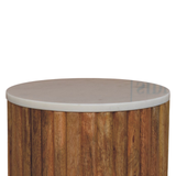 Artisan Furniture Solid Wood Fluted Side Table with Marble Top – Oakish Finish, Brown & White