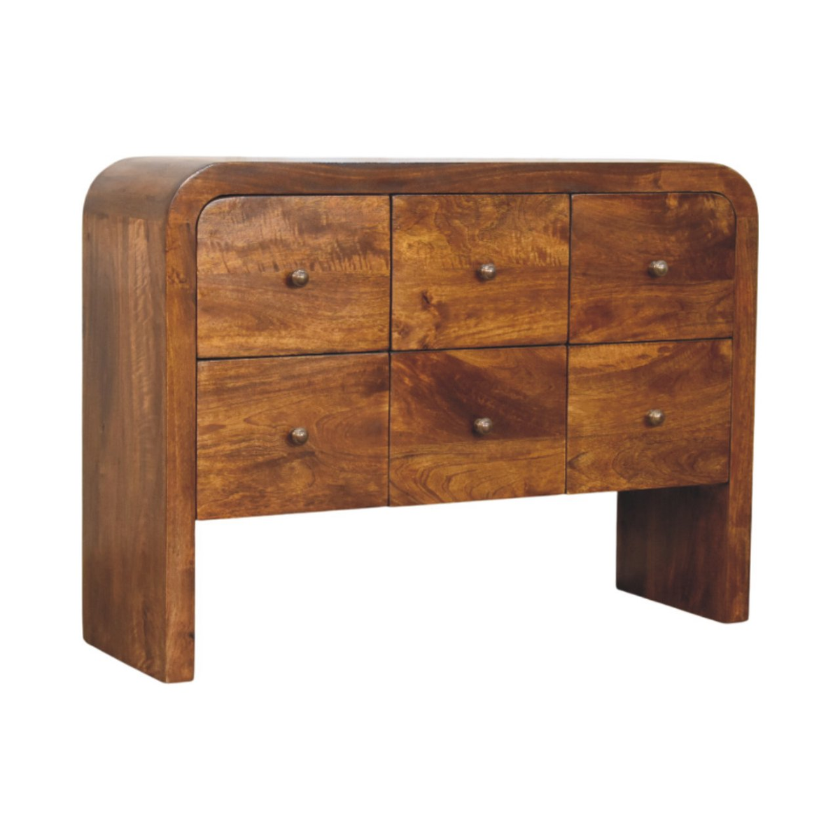 Artisan Furniture Solid Wood Darcy 3 over 3 Drawer Chest with Curved Silhouette – Brass Knobs, Chestnut Brown
