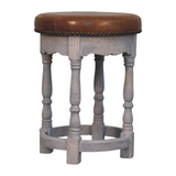 Artisan Furniture Solid Wood Rustic Charm Stool with Upholstered Leather Seat – Vanity Stool, Brown