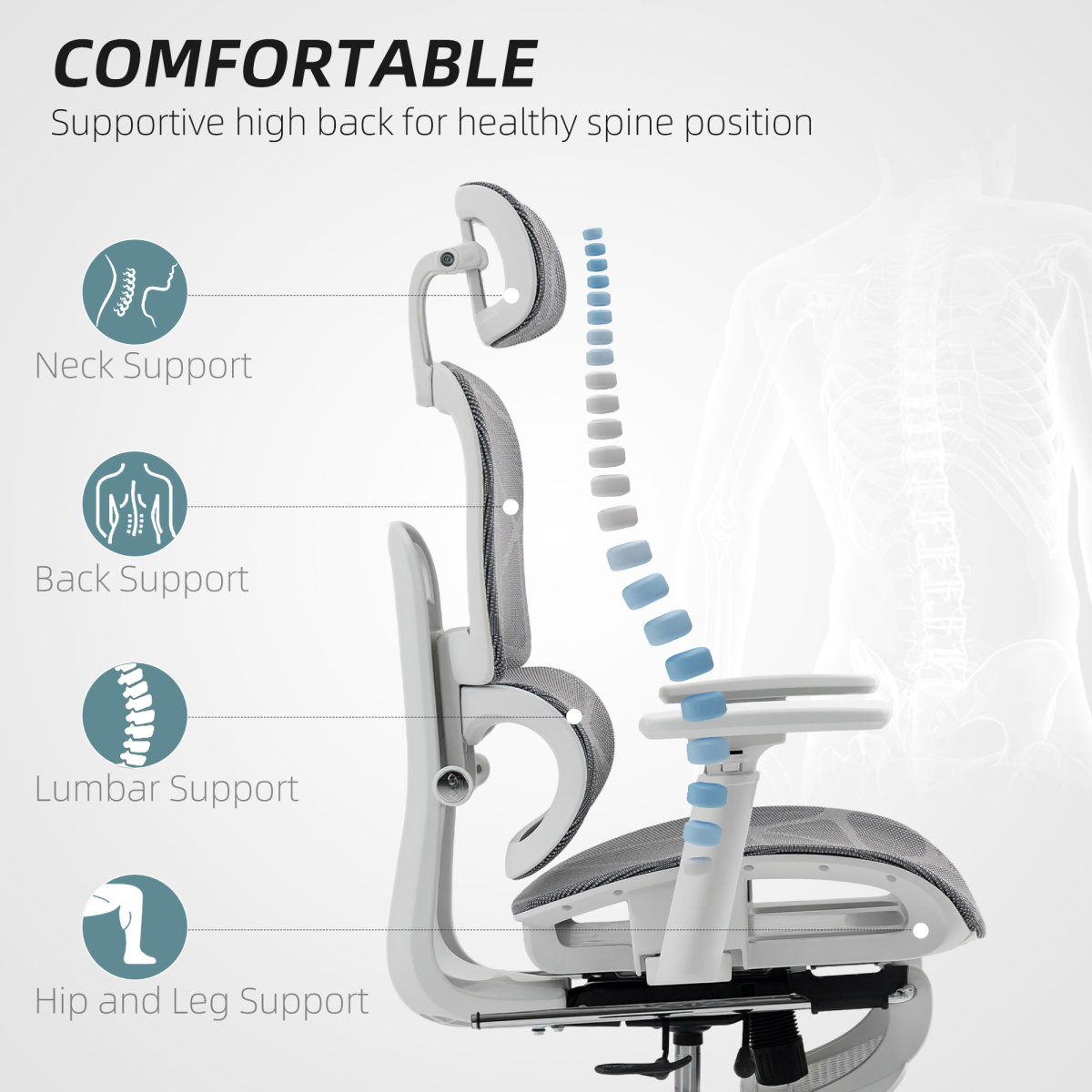 HOMCOM Ergonomic Mesh Office Chair with 3D Armrests, Adjustable Headrest & Footrest – Grey