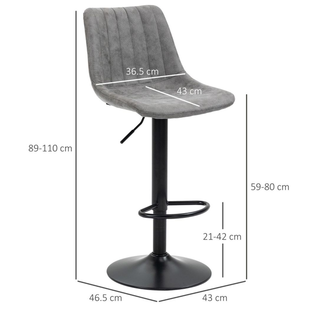 Set of 2 Bar Stools with High Back Tub Seats, Footrest & Round Base – Microfibre Kitchen Stools, Grey
