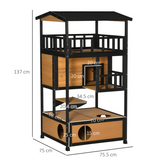 PawHut Wooden Outdoor Cat House with 3 Tiers, Tilted Roof and Balconies – Kitten Shelter, Yellow