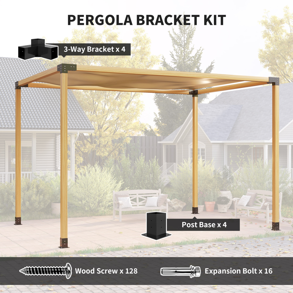 Outsunny Metal Pergola Kit with 3-Way Corner Brackets & Post Base for 92mm Lumber – Black