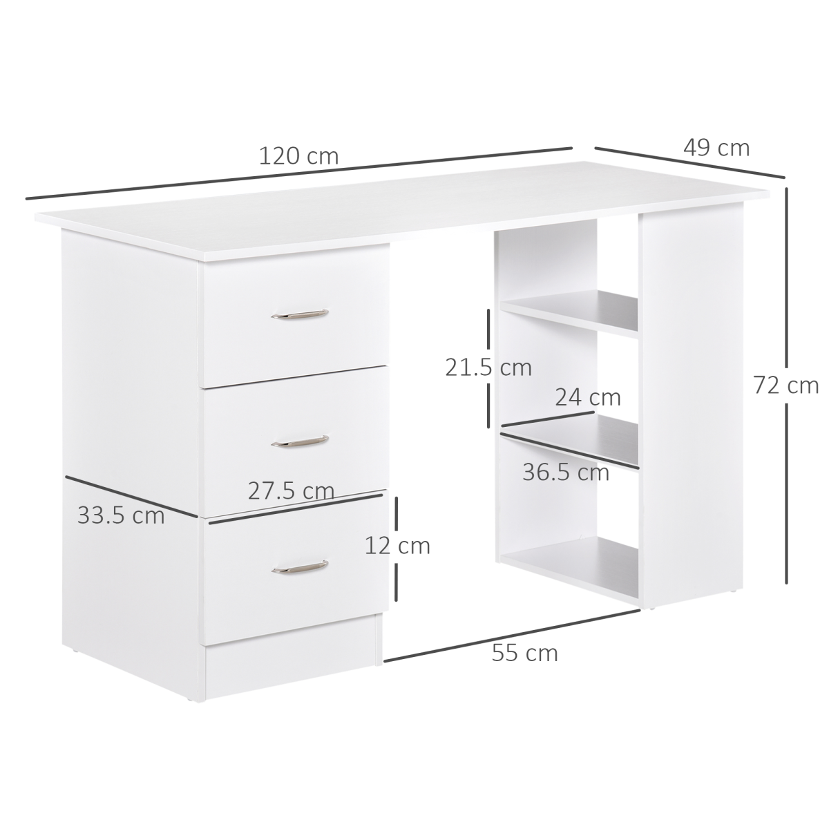 120cm Computer Desk with 3 Shelves & Drawers – Home Office Workstation, White