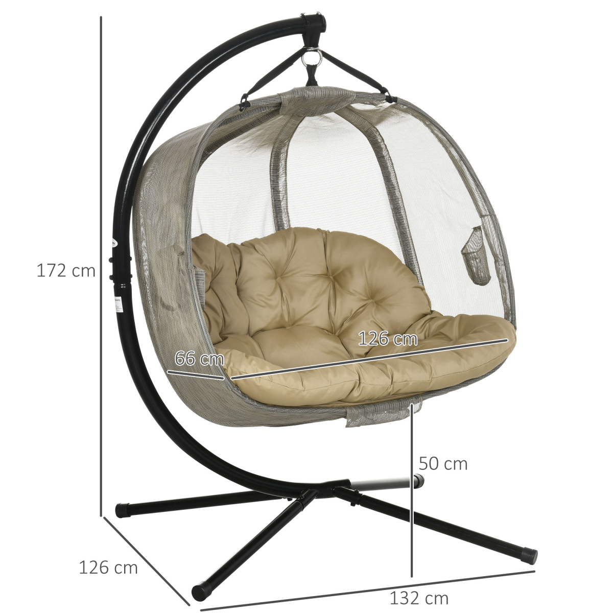 Outsunny Double Hanging Egg Chair with Cushion and Stand – 2-Seater Garden Swing Hammock, Brown