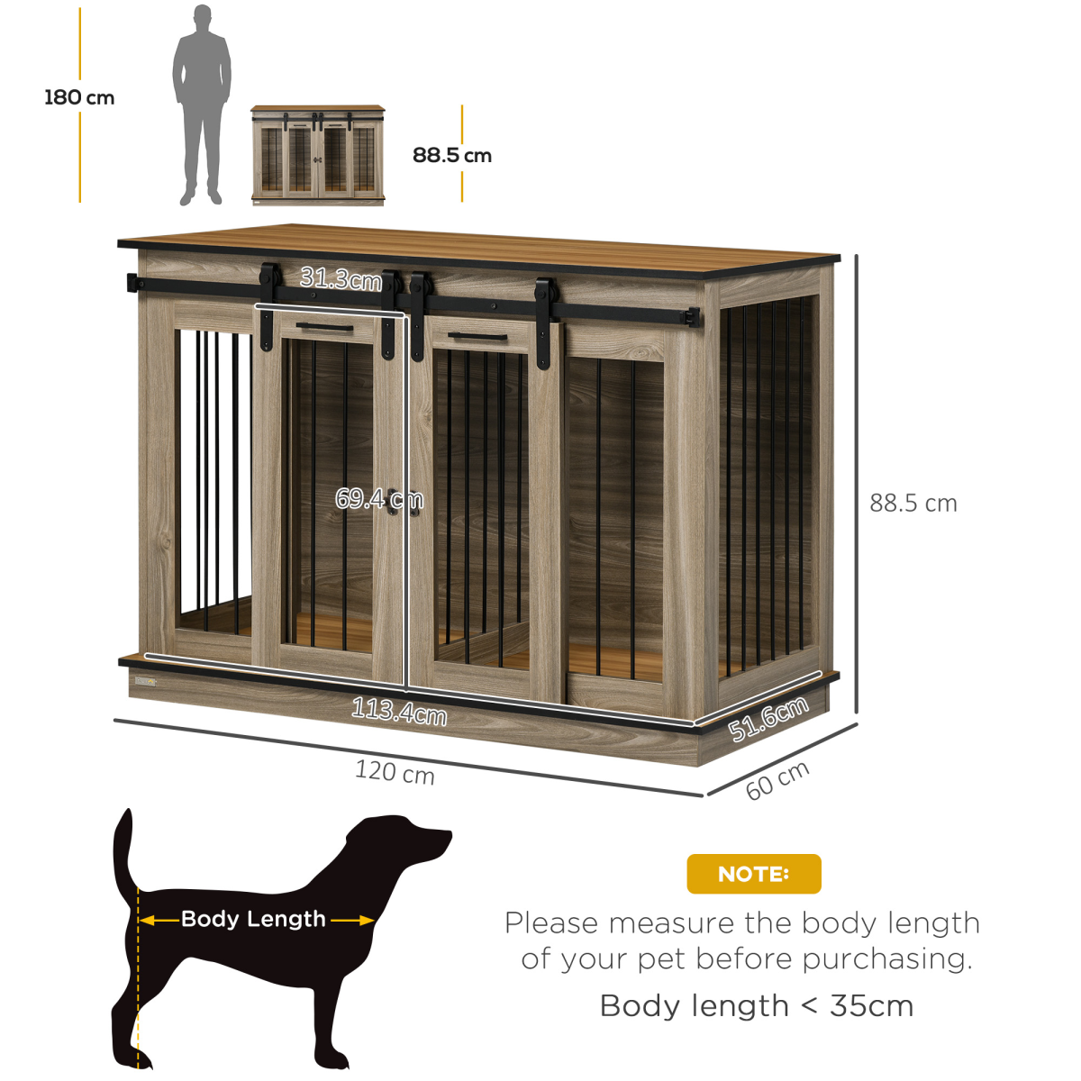PawHut Dog Crate Furniture with Double Room Divider & Lockable Doors – Side Table Cage, Oak Tone