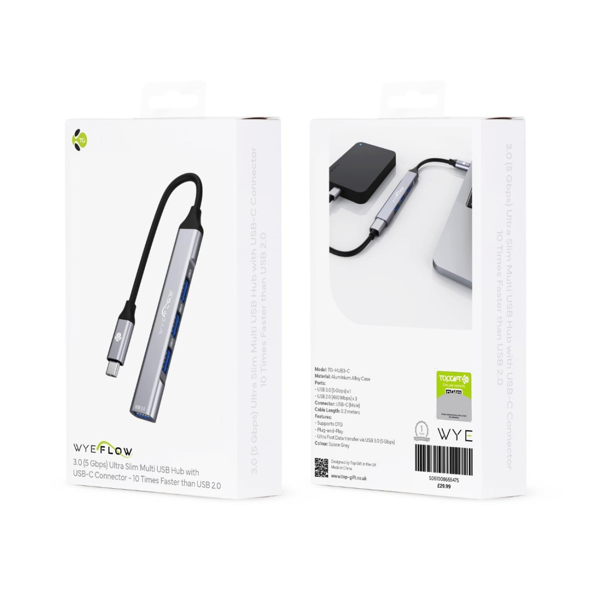 WYEFLOW 4-Port USB-C Hub with USB 3.0 5 Gbps & 3 x USB 2.0 Ports – OTG Support, Plug-and-Play, Silver