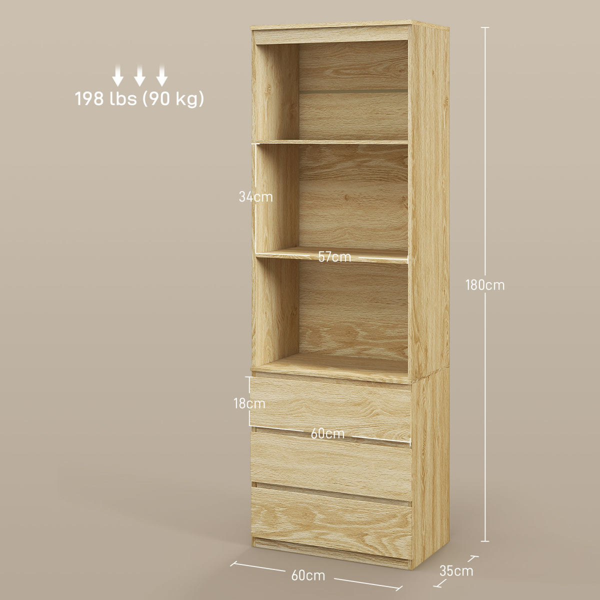 HOMCOM 180cm Tall Bookshelf Storage Unit with 3 Drawers and 3 Open Shelves – Oak Effect