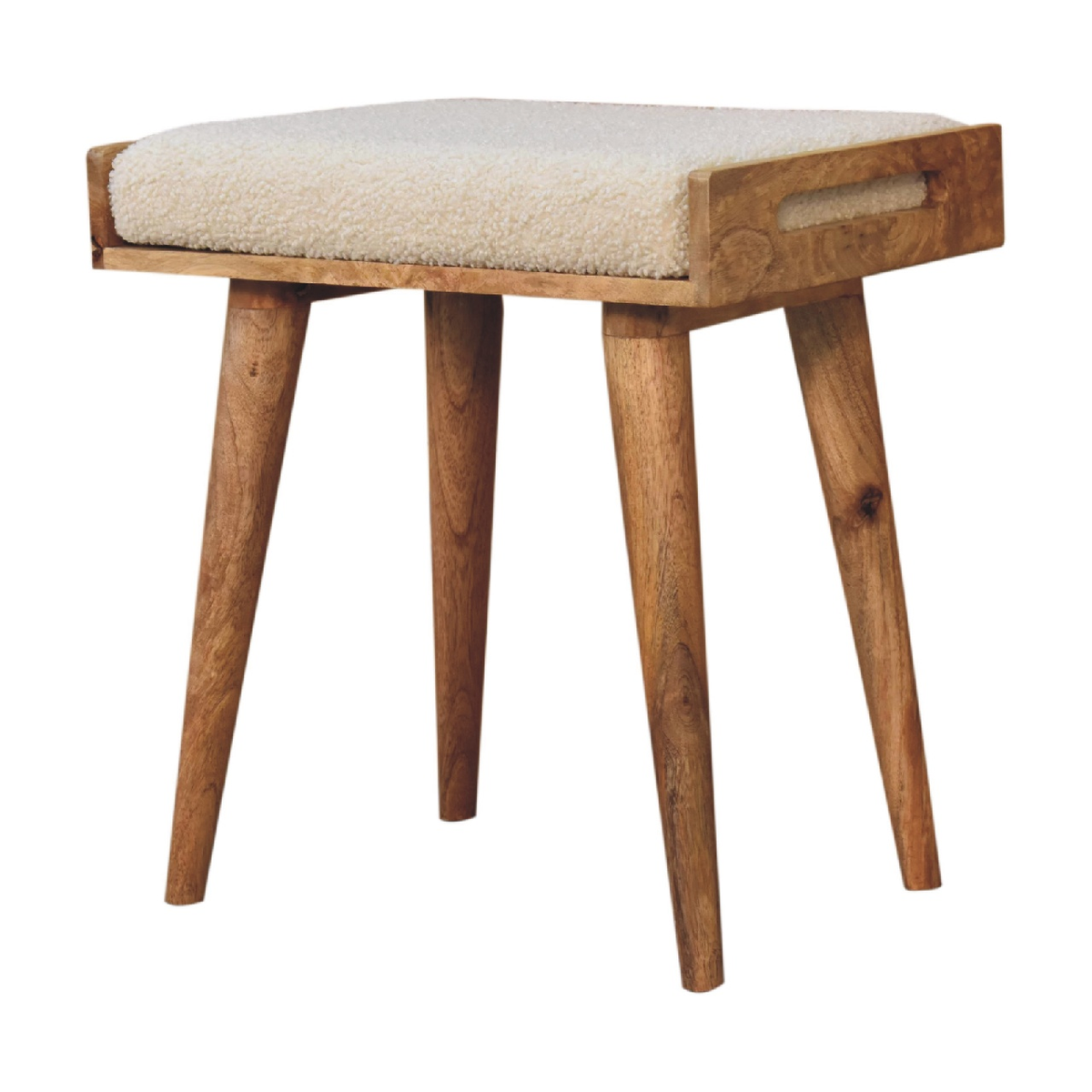 Artisan Furniture Tray-Style Footstool in Solid Mango Wood with Cotton Boucle Upholstery – Cream & Brown