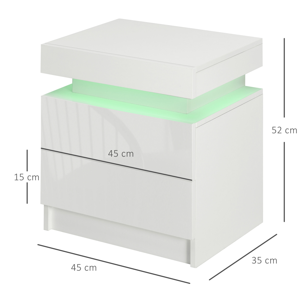 HOMCOM White High Gloss Bedside Table with LED Light Strip and 2 Drawers – Bedroom Nightstand with Storage