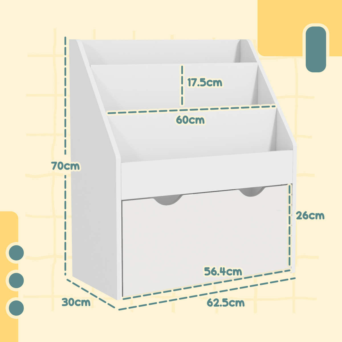 AIYAPLAY Kids Bookcase with 3 Tier Shelves & Wheeled Drawer – Toy Storage for Bedroom & Nursery, White