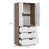 HOMCOM 2-Door Wardrobe with 3 Drawers & Hanging Rail – Bedroom Storage, Brown & White