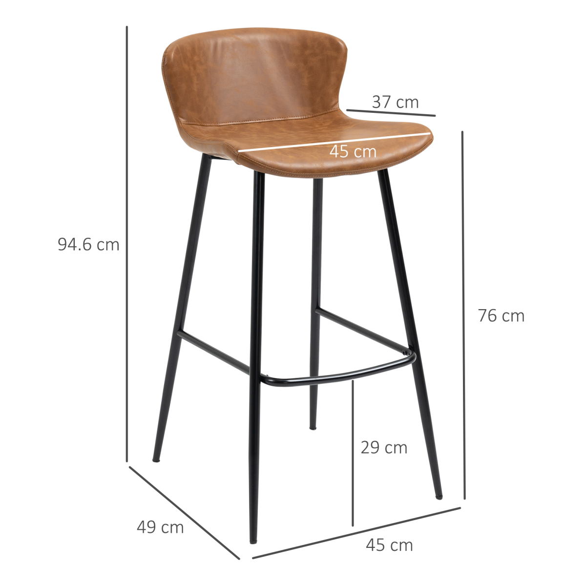 HOMCOM Set of 2 Retro Bar Stools with Back, Footrest & Steel Legs – PU Leather Bar Chairs