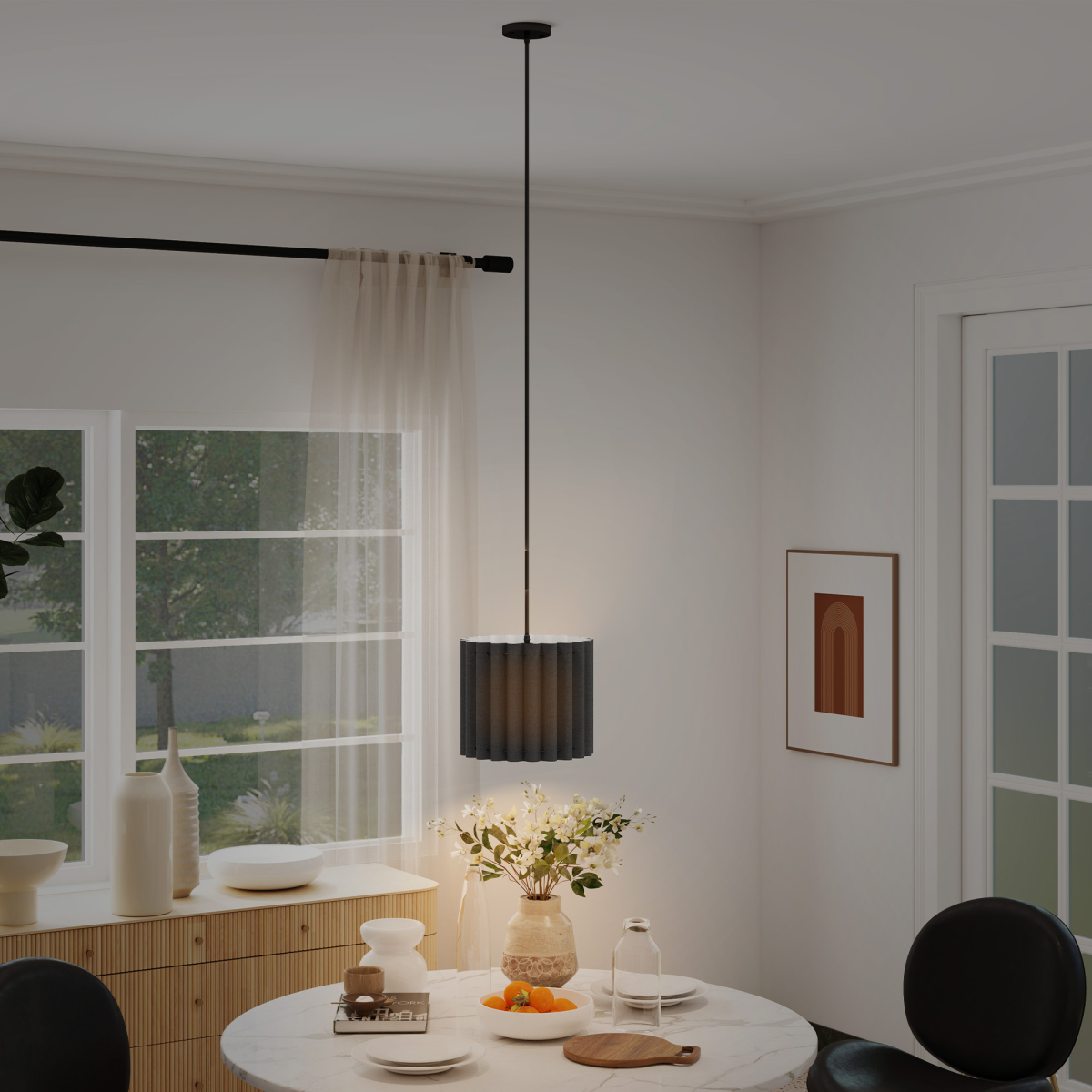Modern Wave Pendant Light with Linen-Feel Fabric Shade, E27 – Black Ceiling Light Fixture, 178cm Drop