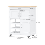 HOMCOM Rolling Kitchen Island Cart with Drawer & 9-Bottle Wine Rack – Rubberwood Worktop, White
