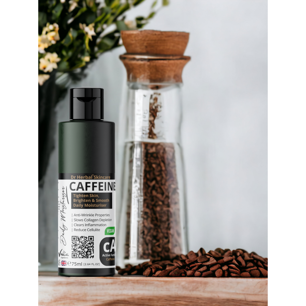 Dr Herbal Caffeine Daily Moisturiser 75ml with Coconut Oil, Silk Amino Acids & Peptides – Face Cream