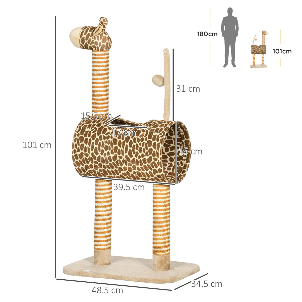 PawHut Giraffe Cat Tree with Jute Scratching Posts, Tunnel & Hanging Ball – Kitten Play Tower