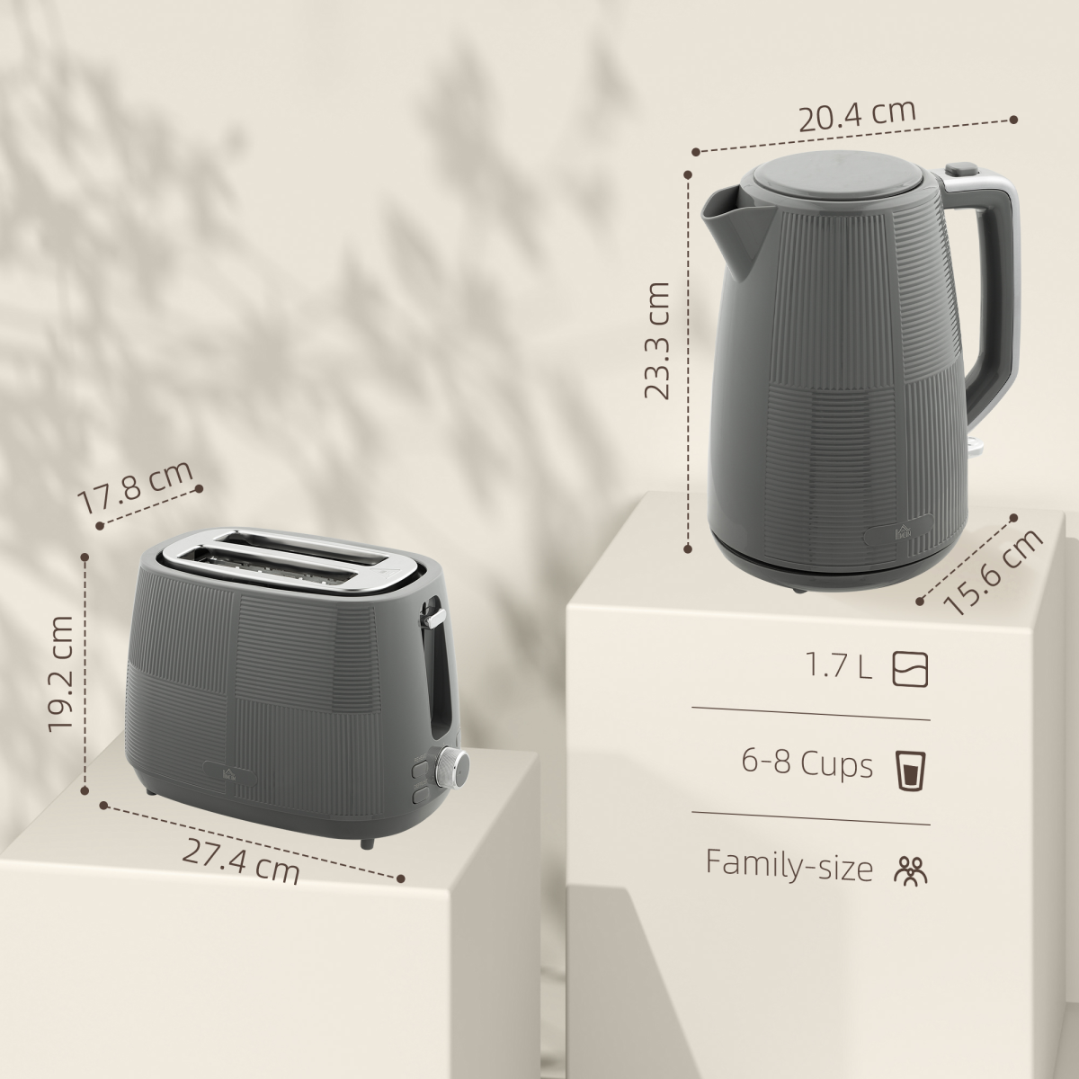 HOMCOM 1.7L Fast Boil Kettle & 2-Slice Toaster Set with Reheat, Defrost & Cancel – Breakfast Duo, Grey