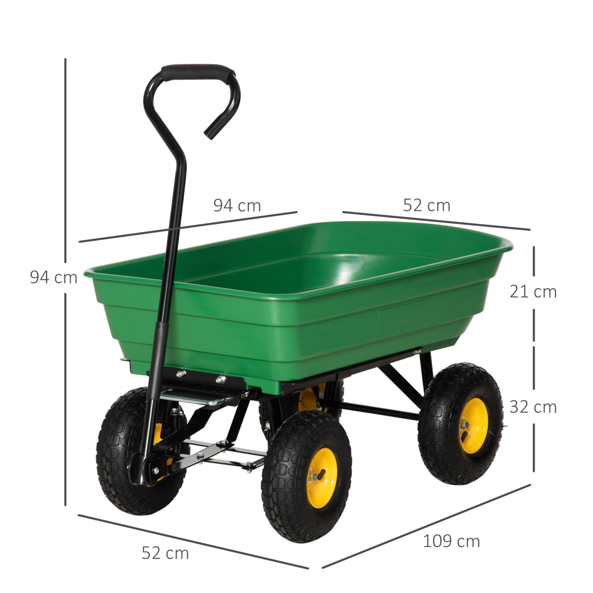 Outsunny 75L Garden Cart with 4 Wheels & Tipping Mechanism – Heavy Duty Steel Wheelbarrow Trolley, Green