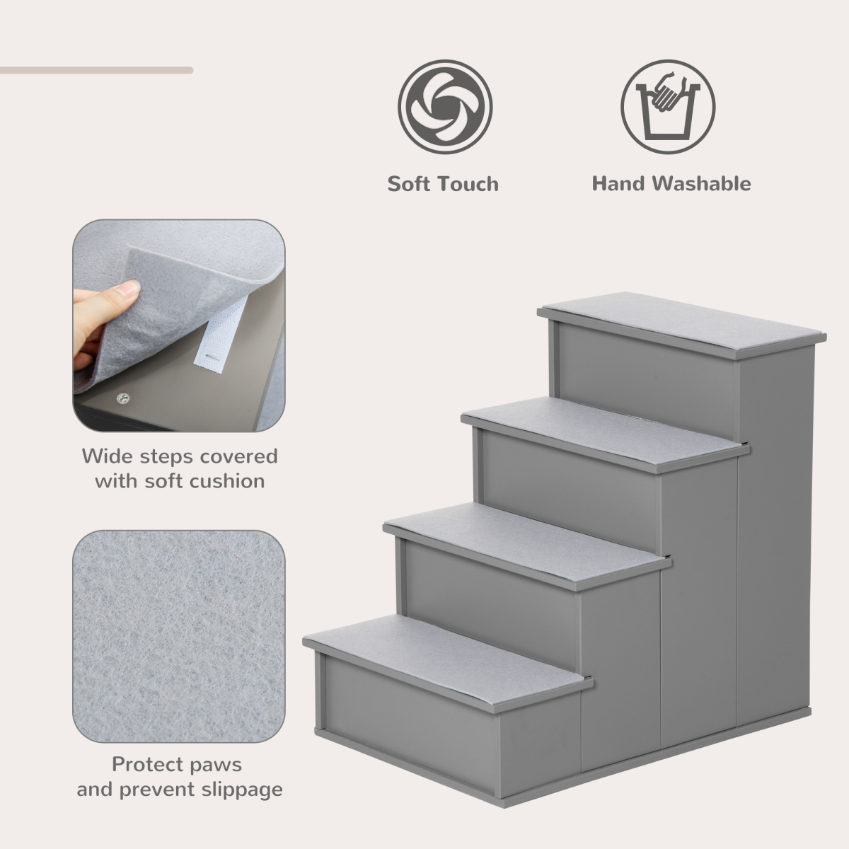 Four-Step Pet Stairs with Plush Cushioned Steps – Pet Steps for Elderly Pets and Mobility Problems, Grey