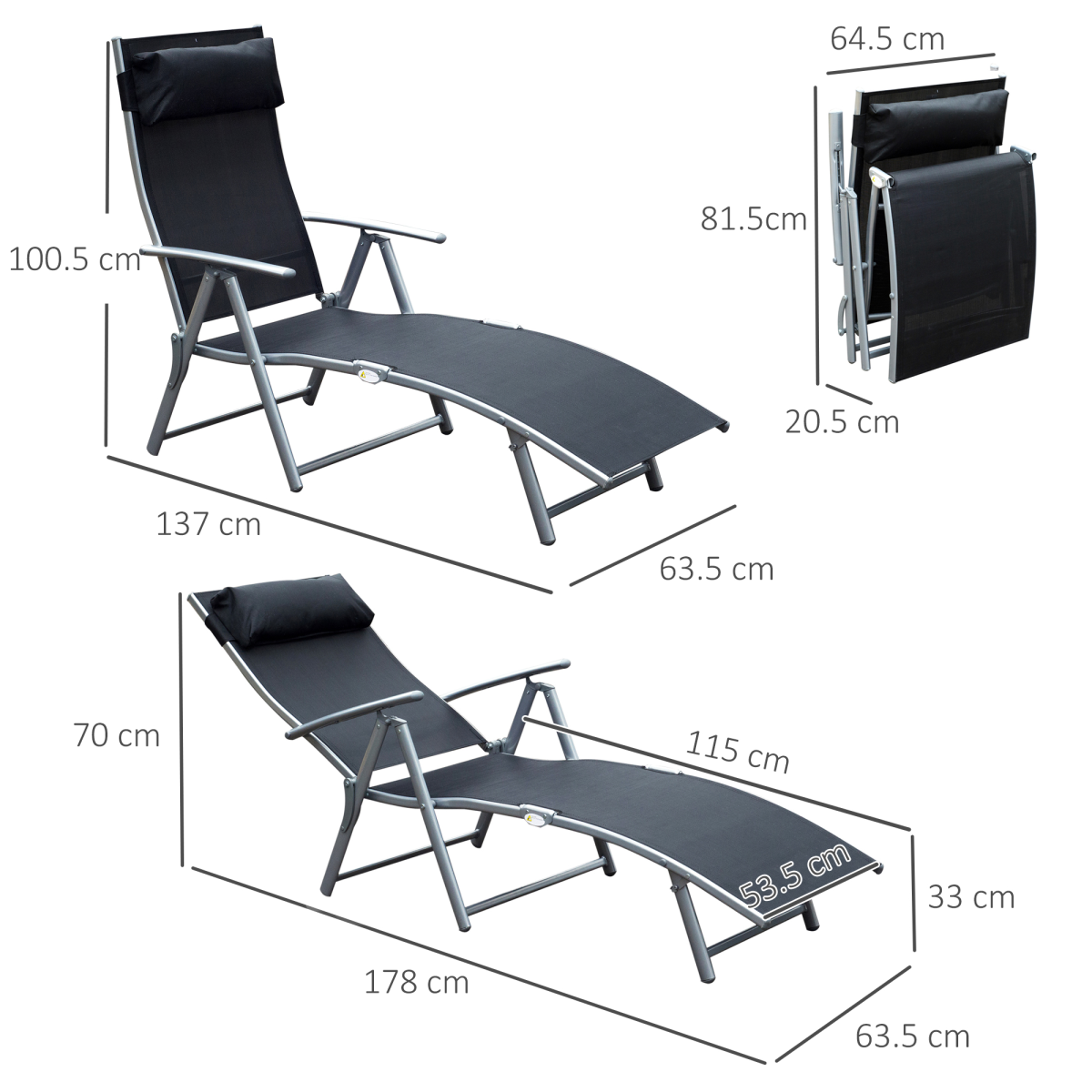 Outsunny Foldable 7-Position Textilene Sun Lounger with Pillow – Reclining Garden Chair, Black