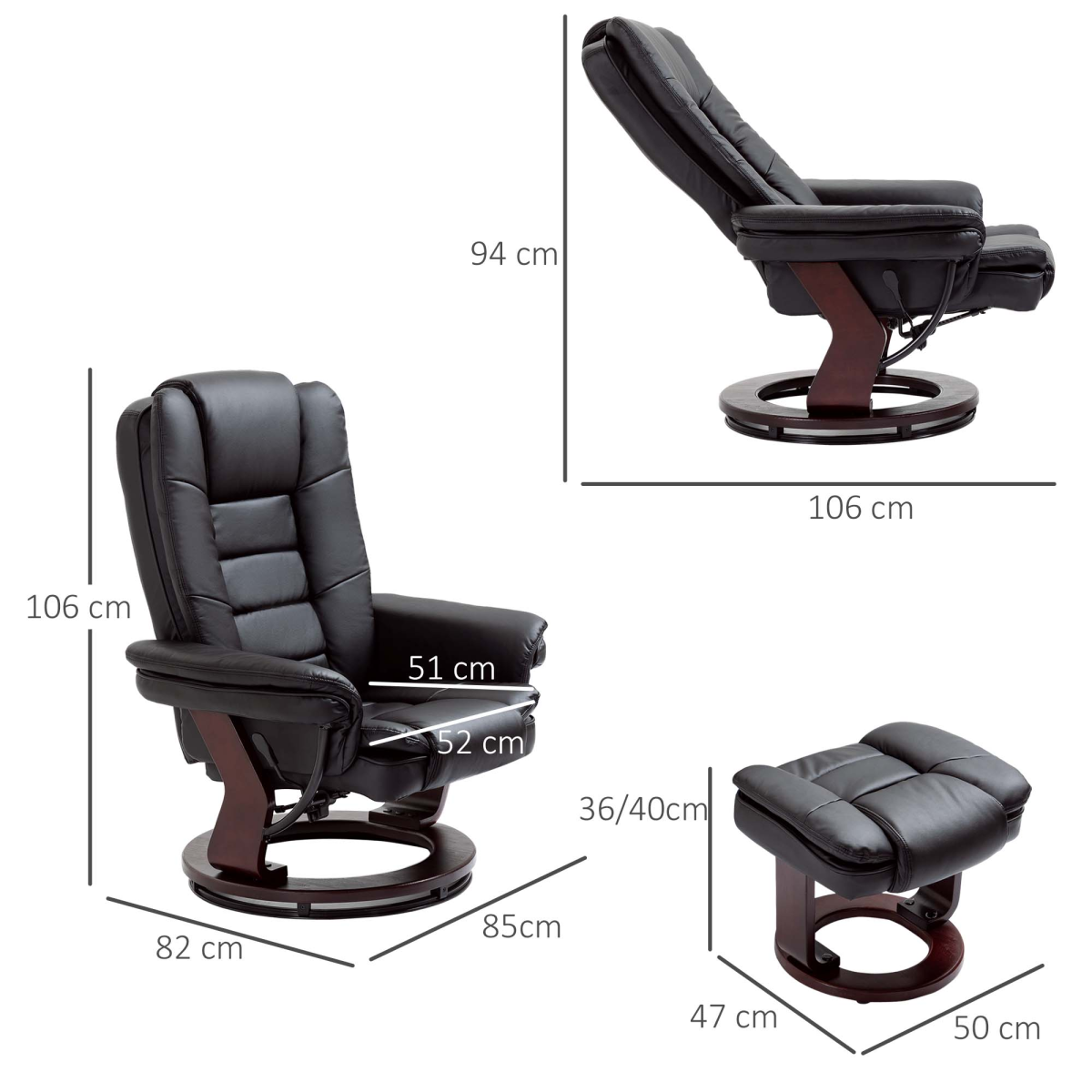 Swivel Manual Recliner Chair with Footstool – PU Faux Leather Lounge Armchair, Wood Base, 135° Recline, Black