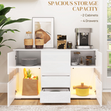 HOMCOM LED High Gloss Sideboard with 4 Drawers & 2 Side Cupboards – Living & Dining Room Storage, White