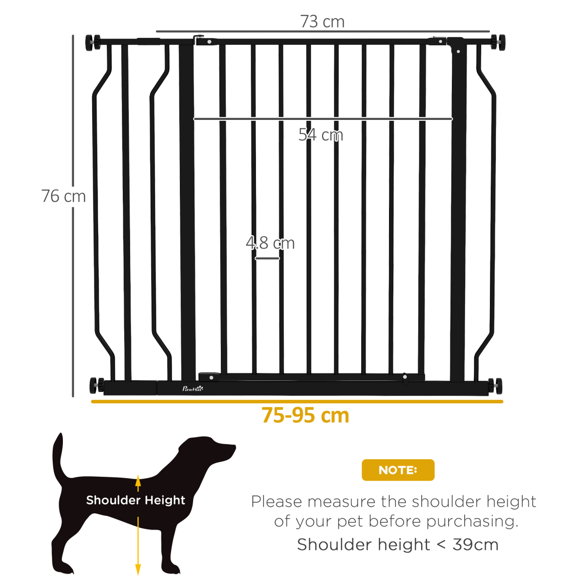 PawHut Wide Pressure-Fit Dog Gate with Door, 75–95cm Adjustable – Stair and Doorway Pet Barrier, Black