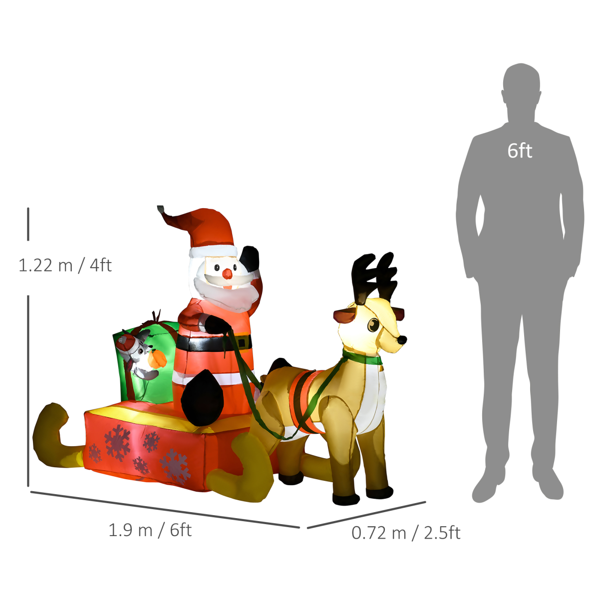 HOMCOM 4ft Christmas Inflatable Santa Claus on Sleigh with Reindeer and LED Lights – Outdoor Garden Decor