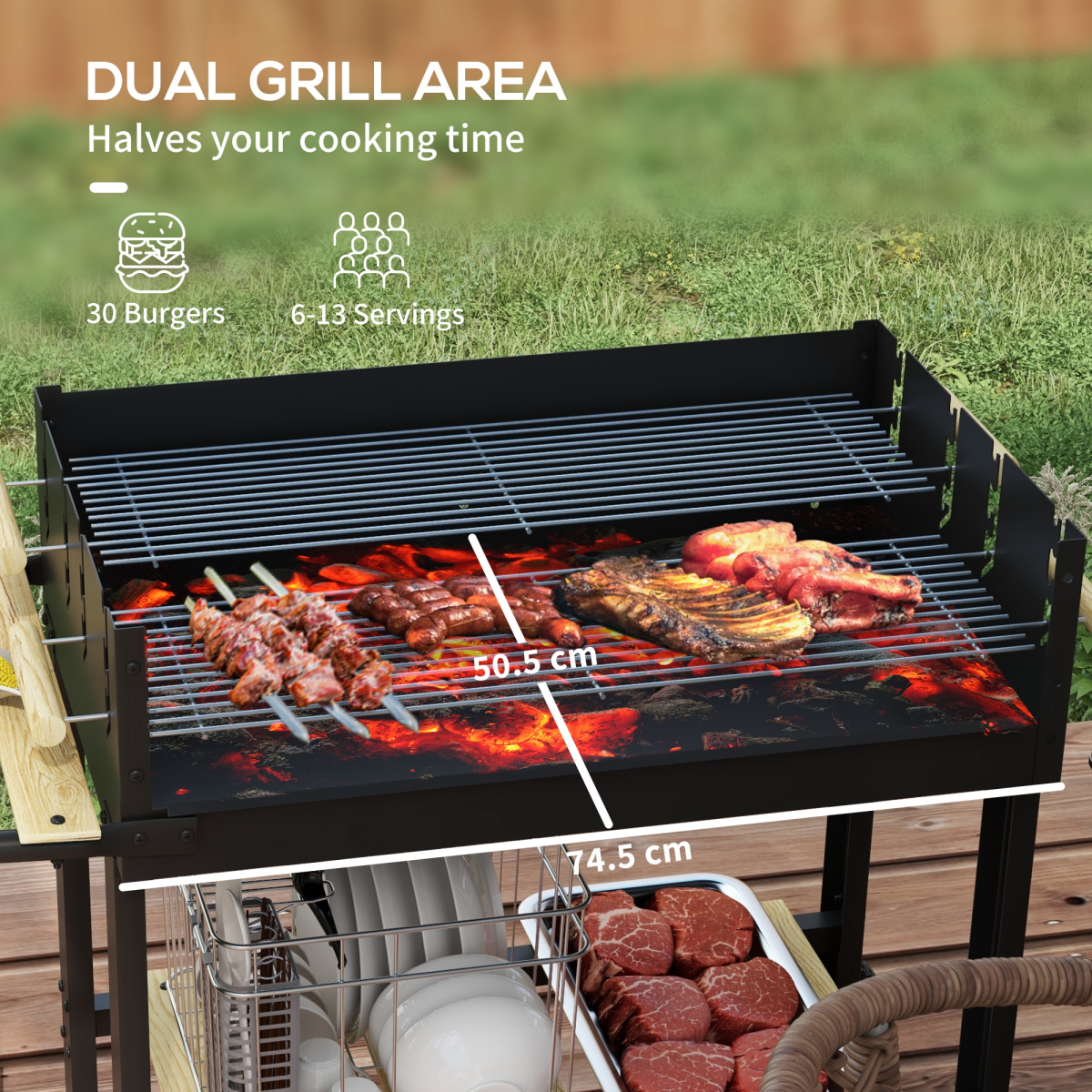 Outsunny Charcoal BBQ Grill with Two Grilling Areas, Side Table and Wheels – Garden Barbecue, Black