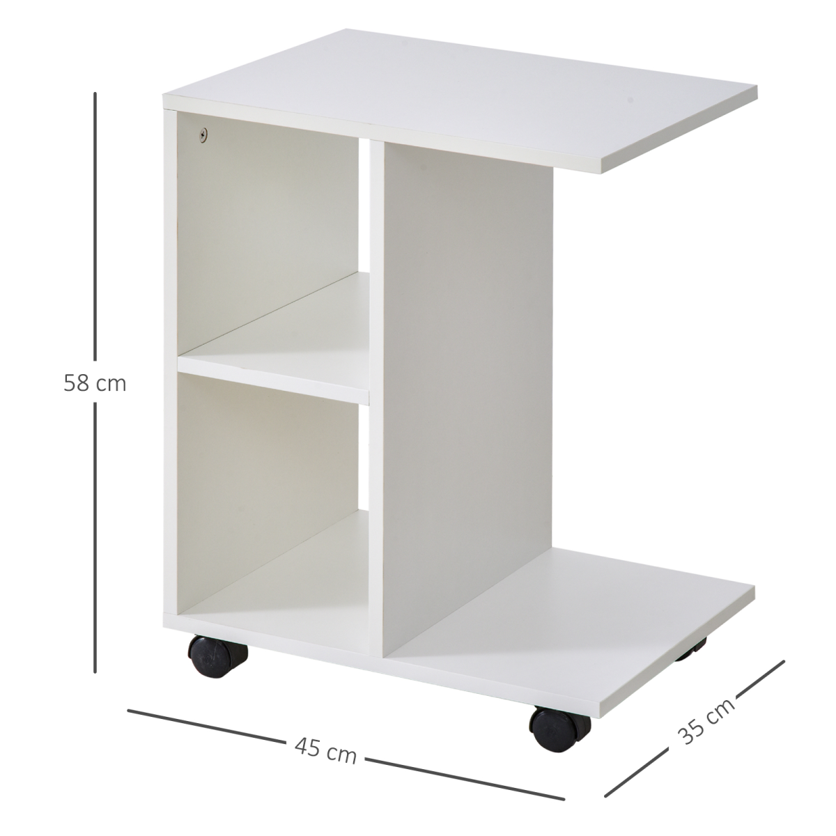 C-Shaped Mobile End Table with 2 Shelves & Wheels – Slide-Under Sofa Side Table, White
