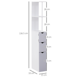 HOMCOM Slim Bathroom Storage Cabinet with 2 Open Shelves and 3 Drawers – Tall Freestanding Unit, White