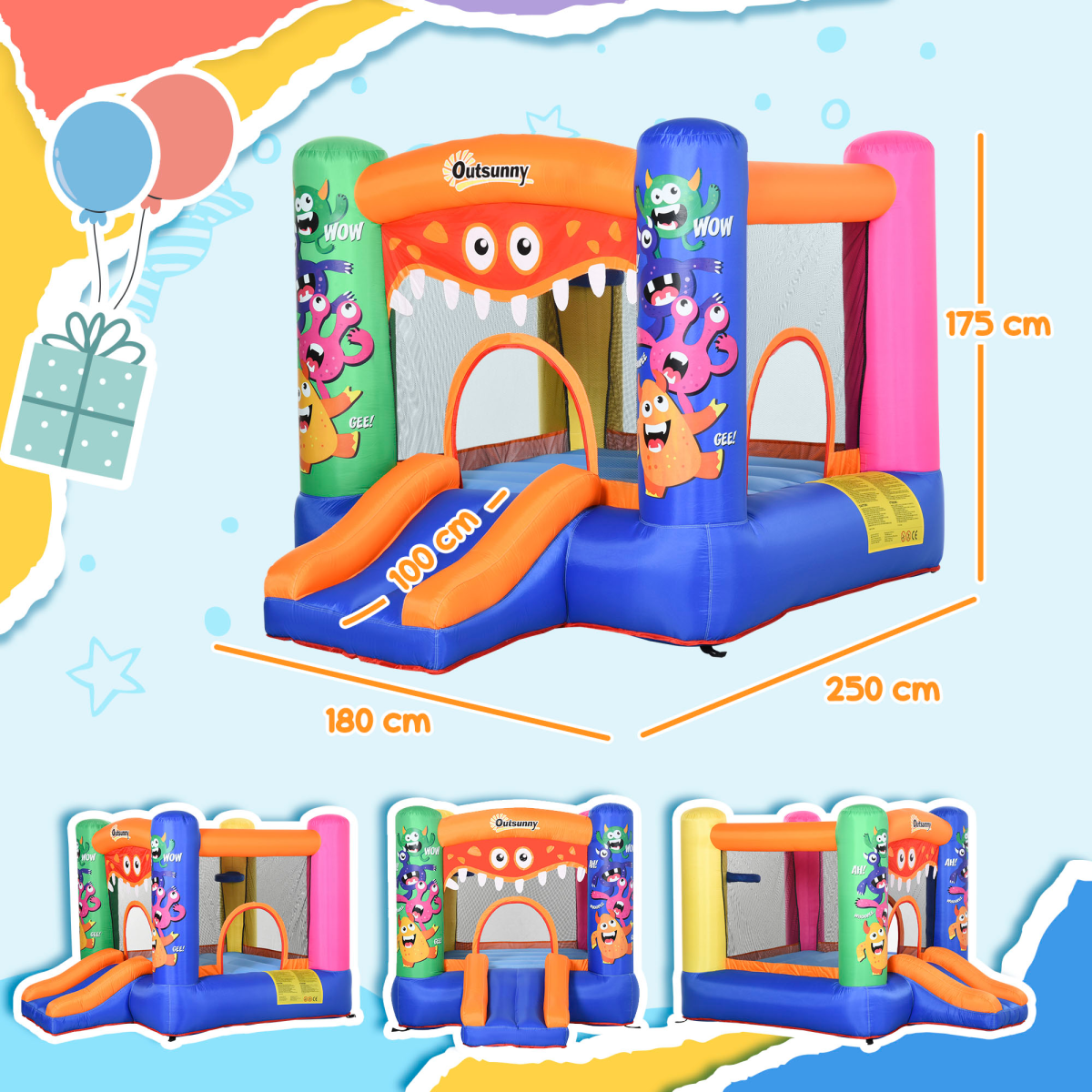 Monster-Themed Bouncy Castle with Slide, Trampoline & Basketball Net – Compact Garden Inflatable with Blower