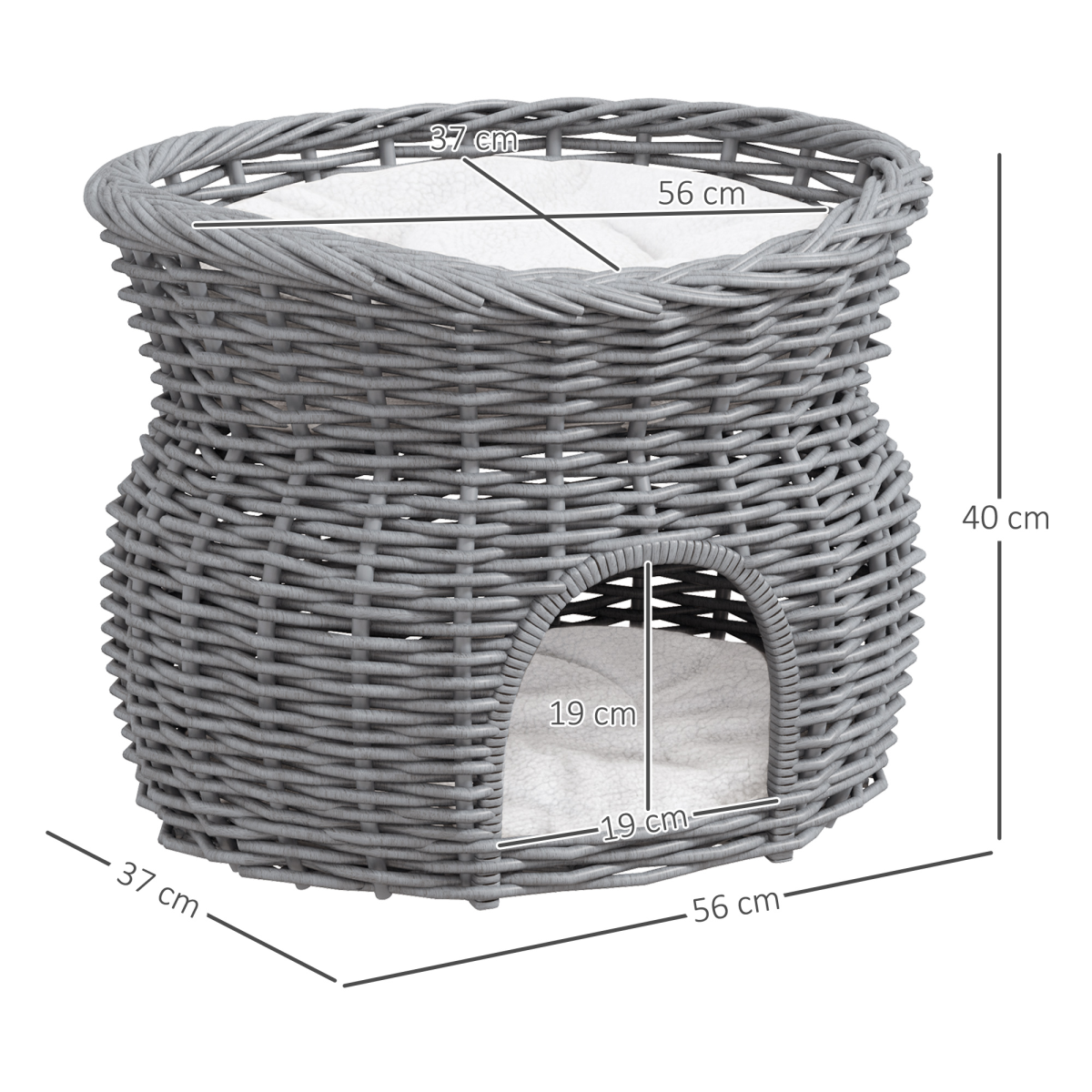 PawHut 2-Tier Willow Cat Condo with Padded Cushions – Elevated Wicker Pet Bed, Grey