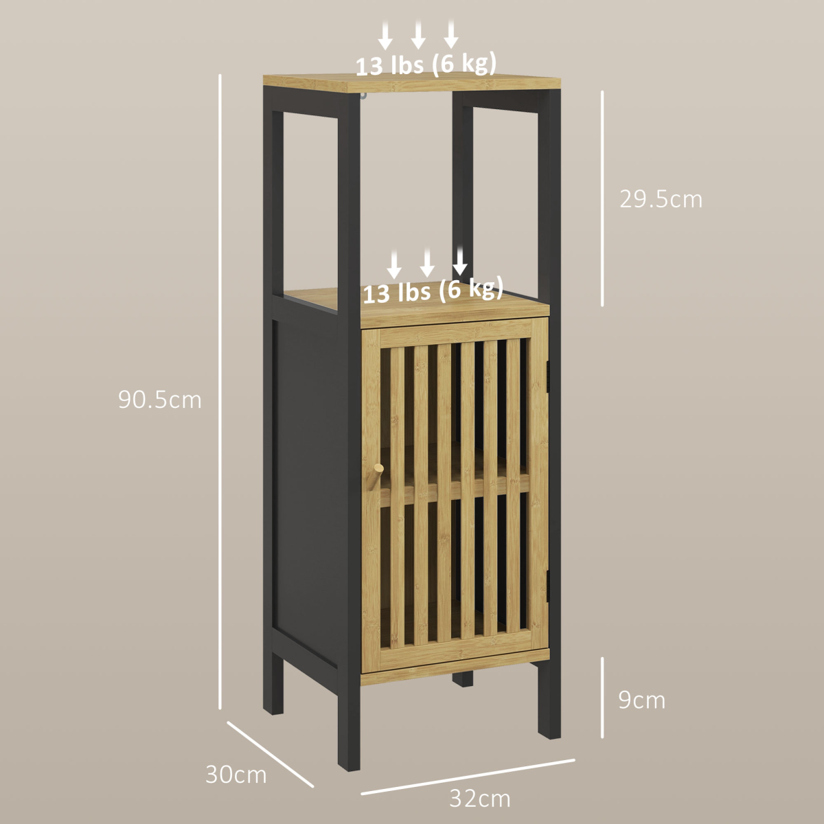 HOMCOM Bamboo Bathroom Floor Cabinet with Adjustable Shelf & Slatted Door – Tall Slim Storage, Black, Natural
