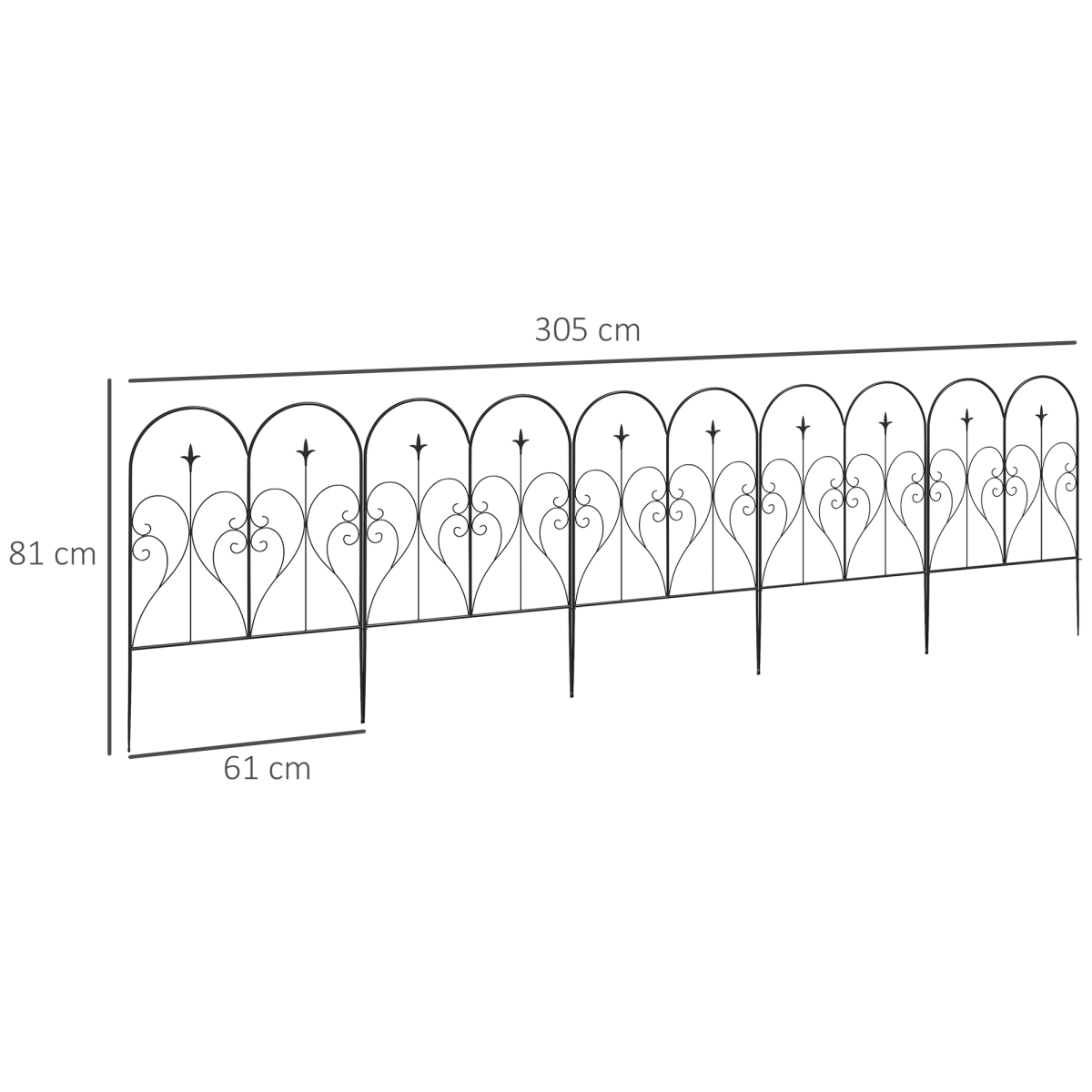 Outsunny 5 Piece Decorative Metal Garden Fencing, Border Edging with Heart Scrollwork – 305 x 81 cm, Black