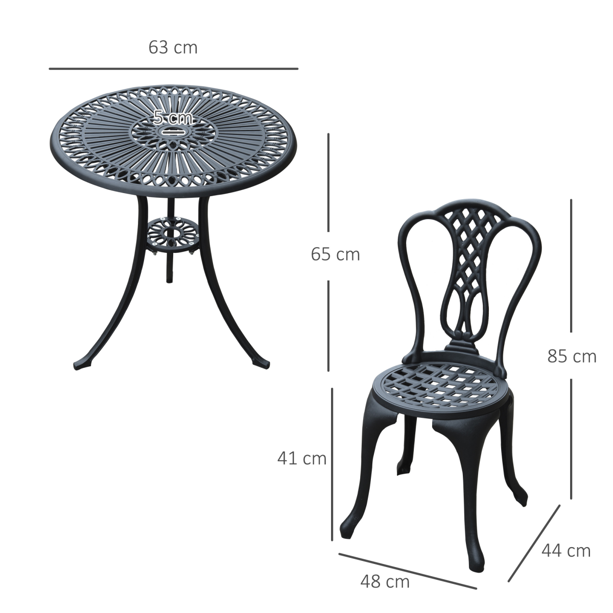 Outsunny 3-Piece Cast Aluminium Bistro Set with Parasol Hole – Garden Table & 2 Chairs for Patio